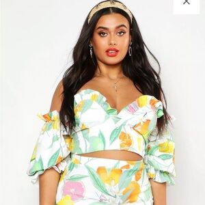 Boohoo Fruit Print Ruffle Detail Volume Sleeve Top